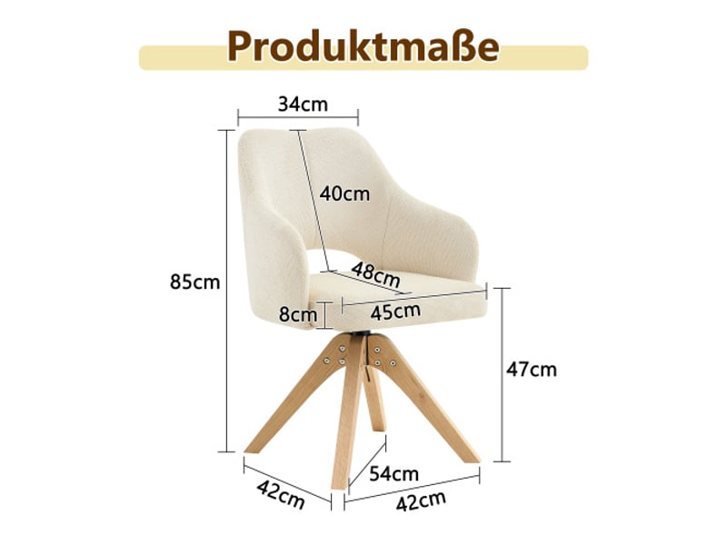  2 chaises pivotantes rétro-luxe, tissu blanc, pieds bois massif, dossier courbé, rotation 360°, salle à manger et salon  - Conforama C