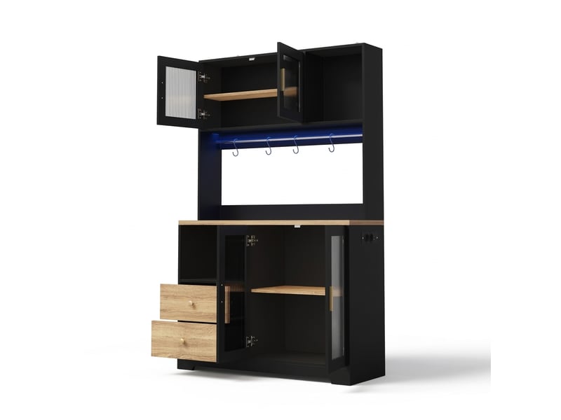  Buffet de cuisine haut noir en mdf 178 cm avec éclairage led et prise  - Conforama A