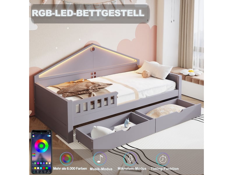  Lit avec tiroirs 90x200, rangement intégré lit une personne, led contrôlable smartphone, sommier inclus  - Conforama D