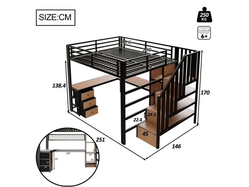  Lit mezzanine enfant 140x200 cm avec bureau, 4 tiroirs, escalier de rangement et éclairage led, cadre métal noir  - Conforama C