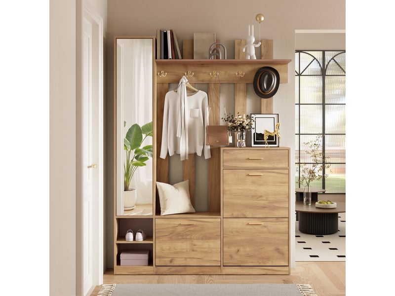  Vestiaire d’entrée avec miroir et rangement chaussures, naturel, 133 x 23,5 x 180 cm  - Conforama B