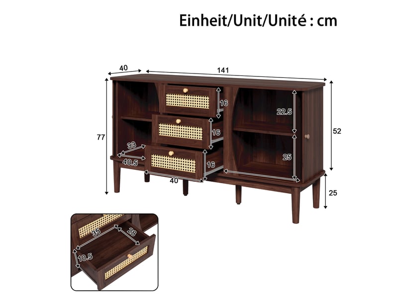  Buffet 2 portes coulissantes et 3 tiroirs 141x40x77 cm finition noyer  - Conforama C