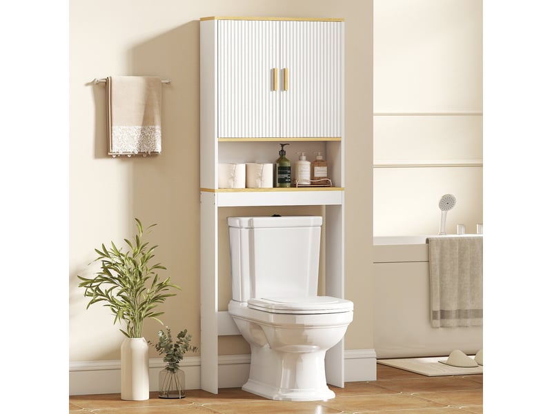  Étagère de salle de bain à 3 niveaux à poser au-dessus des toilettes, avec étagère ouverte, 2 portes et étagère réglable, 64 x 20 x 170,5 cm, blanche  - Conforama D