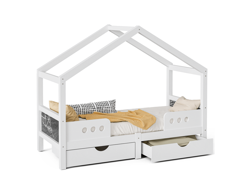  Lit cabane enfant 90x200 cm avec 2 grands tiroirs, sommier à lattes, finition vernis uv, cadre en mdf, blanc  - Conforama A