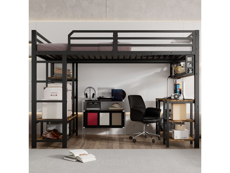  Lit mezzanine 120x200, structure métal robuste lit mezzanine avec bureau, échelle sécurisée, sommier inclus, rangement intégré  - Conforama B