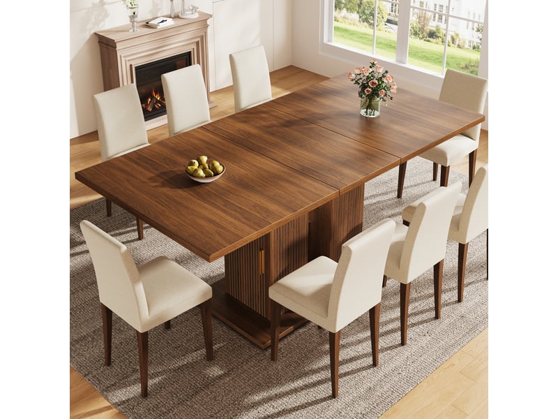  Table à manger rectangulaire extensible 120-160x80x75cm pour 4 à 6 personnes, double piètement à lattes verticales, rangements des 2 côtés, marron foncé evarich - Conforama E