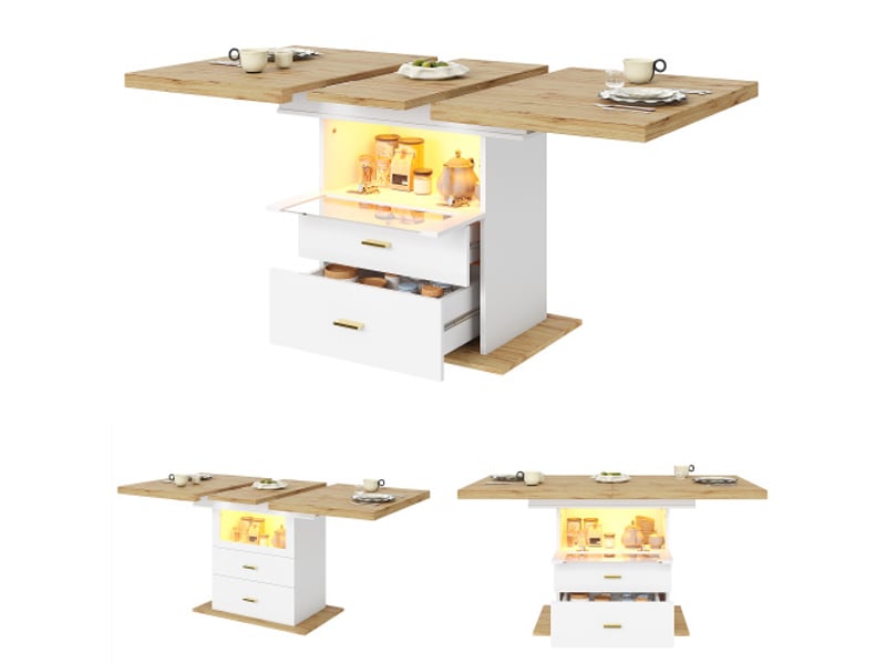  Table à manger extensible en imitation bois mdf 110-140 cm, espace de stockage, lumière led pilotable via app  - Conforama A