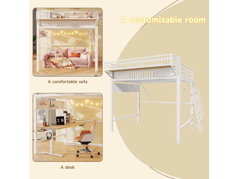  Lit mezzanine 140 × 200 cm 2 places avec rangements et espace ouvert, sans matelas, en métal, blanc  - Conforama E