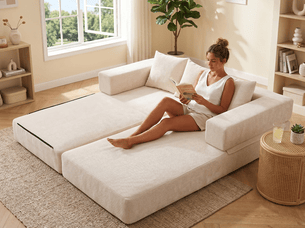 Kaleido 1.0 - canapé modulable en chenille beige - canapé convertible en plusieurs formes - 3 coussins inclus - parfait pour salon, chambre et bureau
