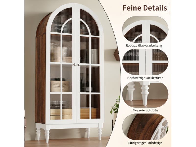  Vitrine courbée 165 cm, portes doubles en verre strié, 3 étagères réglables, coloris noyer et blanc  - Conforama E