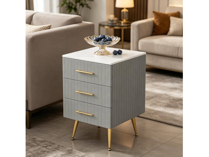 Table de chevet avec 3 tiroirs sur pieds métalliques dorés, revêtement en velours gris, pour chambre, 40,5 × 41 × 62 cm - Conforama D