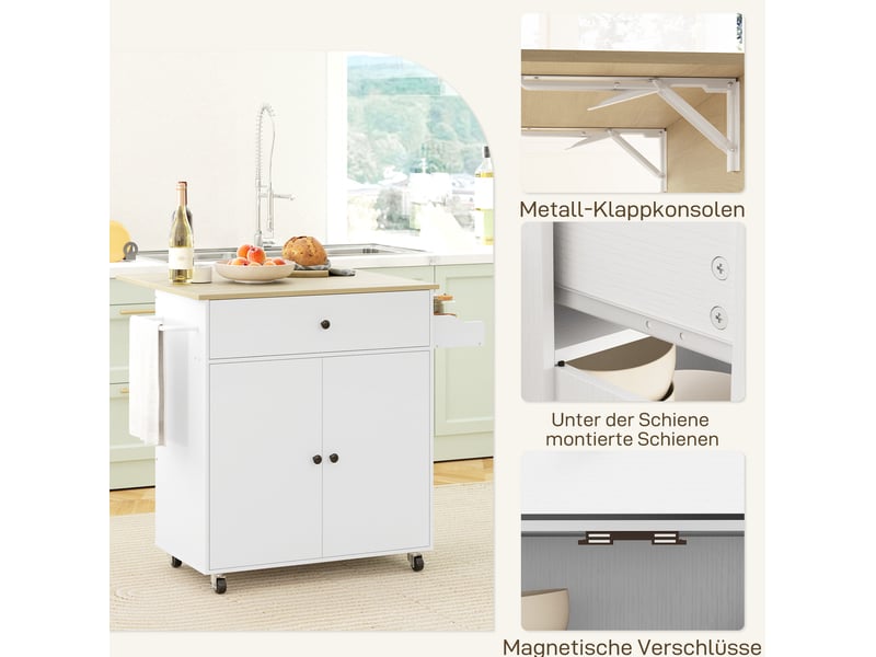  Desserte de cuisine 106 x 42 x 87 cm blanche en mdf, plan de travail rabattable et roulettes freinées  - Conforama D
