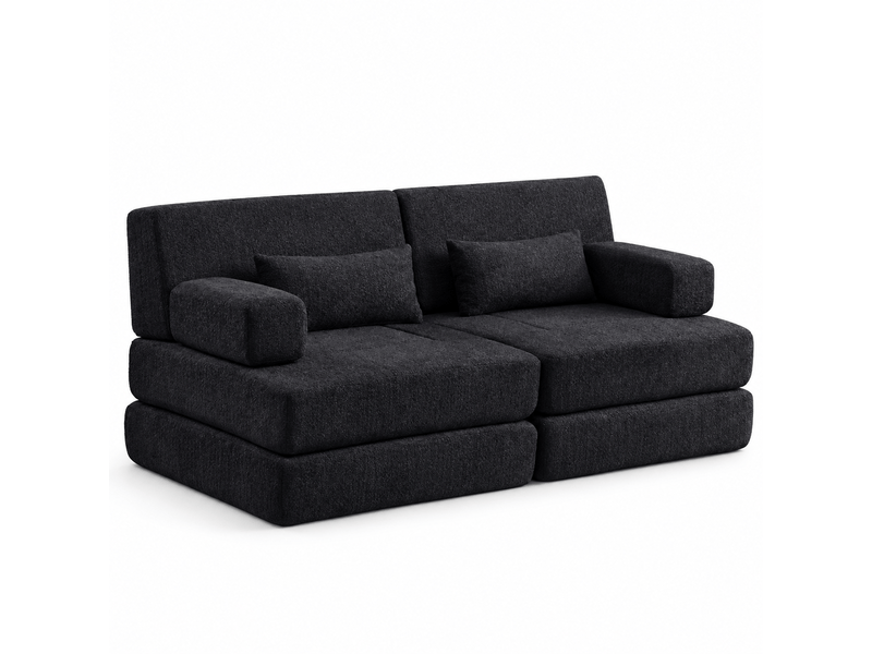  Canapé convertible 2-en-1 2 places 182 x 90 x 80 cm avec couchage pliant, dossier réglable et structure en fer, chenille, noir OMNIGLINT TRADING LTD - Conforama A