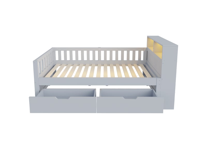 Lit d'enfant 90 × 200 cm, avec tiroirs, étagères et compartiments de rangement, prise électrique et éclairage led, gris - Conforama E