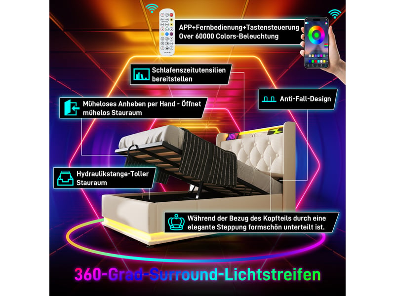  Lit 1 personne 90x200 cm avec matelas, structure de lit avec éclairage led et prise usb, blanc, lit enfant en pu  - Conforama E