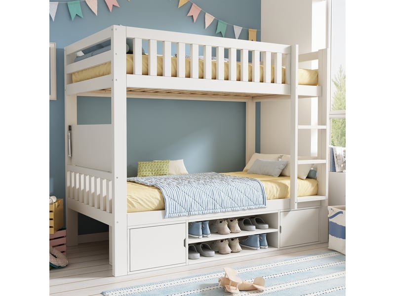 Lit superposé enfant 90×200cm lit double avec avec tablette rabattable et range-chaussures intégré sommier à lattes blanc BUBBLY - Conforama C