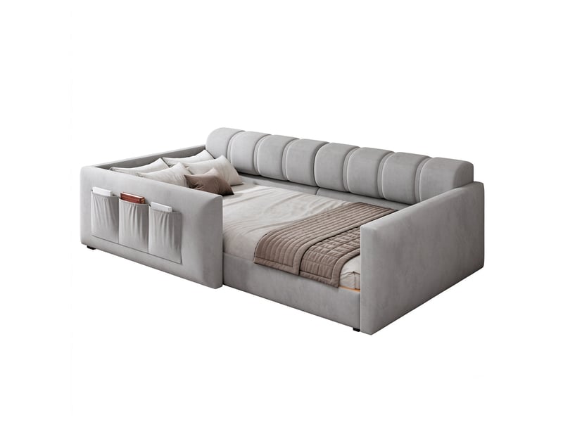 Lit enfant rembourré 90x200 cm avec tête de lit épaisse et poches latérales, lit banquette multifonction pour chambre et salon, gris OPULERANE TRADING LTD - Conforama A