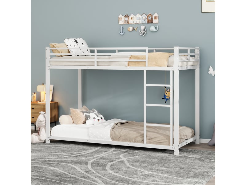  Lit superposé enfant 200×90 cm avec barrières de 26 cm, sommiers à lattes, en métal blanc  - Conforama B