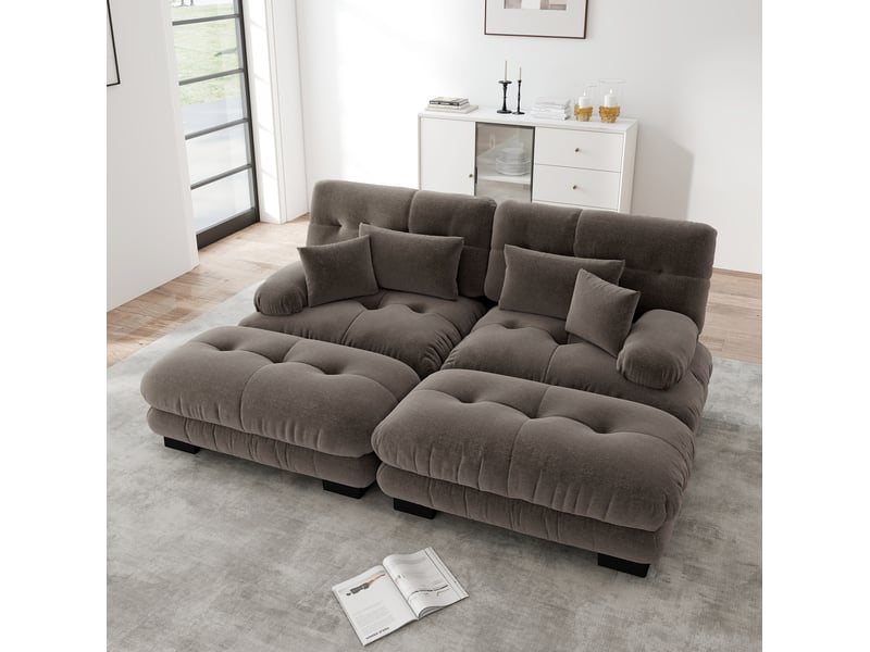  Canapé modulable 2 places cloud en chenille marron avec 2 ottomans  - Conforama E