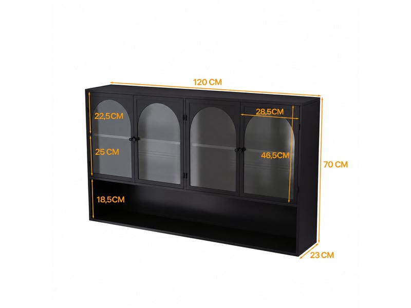 Armoire murale en métal et verre gris, 4 portes, pour cuisine et salon, noir, 120 x 23 x 70 cm - Conforama E