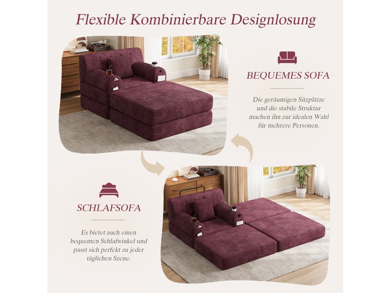  Fauteuil-lit convertible 107x162x81 cm, ouvert 191 cm, velours côtelé, porte-gobelets rouge lie-de-vin sans matelas  - Conforama D