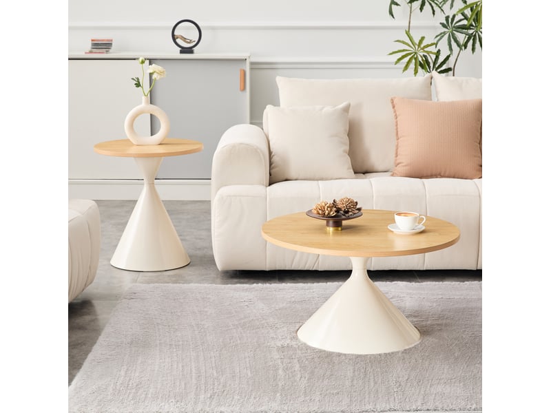  Lot de 2 tables basses gigognes 70x40+50x50 cm, empilables, gain de place, pour salon et chambre, métal, blanc crème  - Conforama B