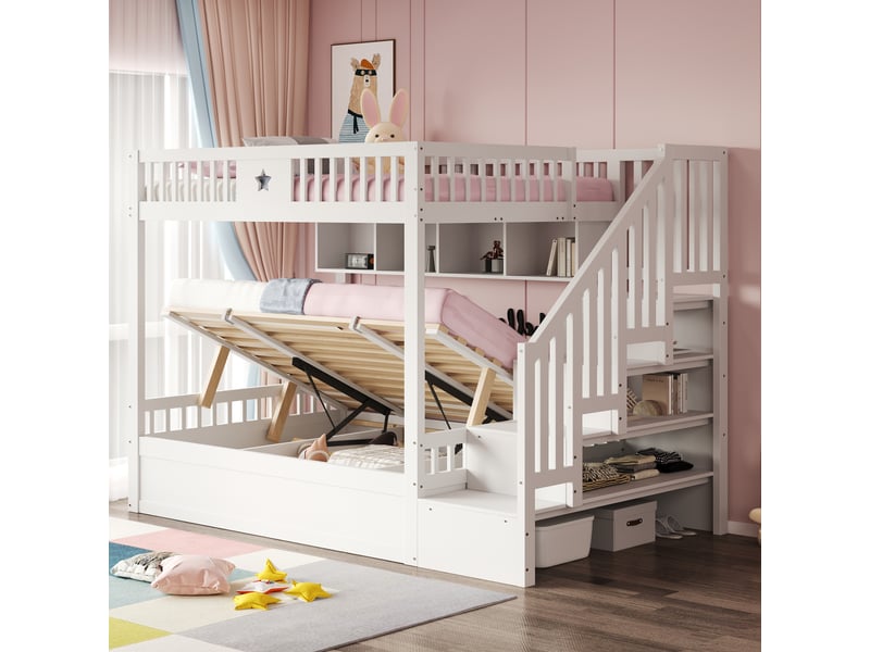  Lit superposé 140x200 cm, lit enfant, rangement hydraulique, étagères, escalier avec rangement, bois blanc  - Conforama A