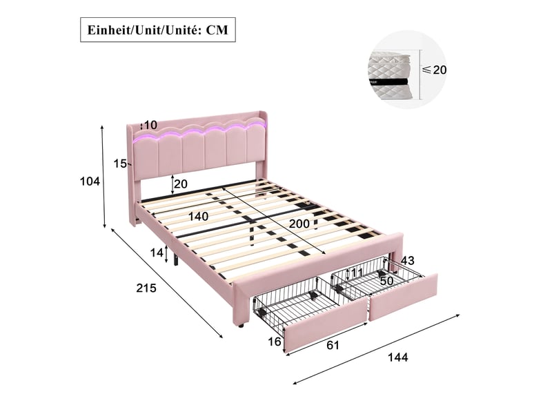 Lit enfant capitonné 140x200 cm avec matelas, 2 tiroirs, tête ondulée, led pilotée par application, velours rose  - Conforama C