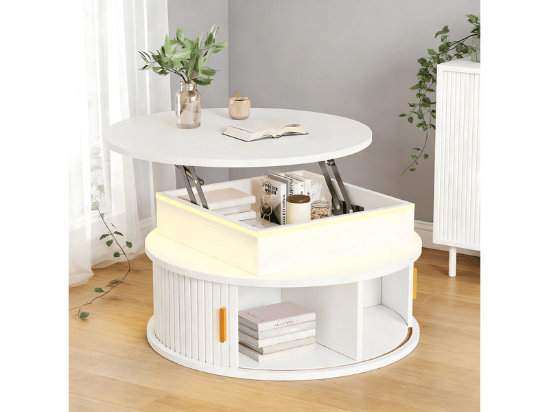 Table basse relevable, 75x75x52 cm, avec led et rangement, mdf, blanc - Conforama B