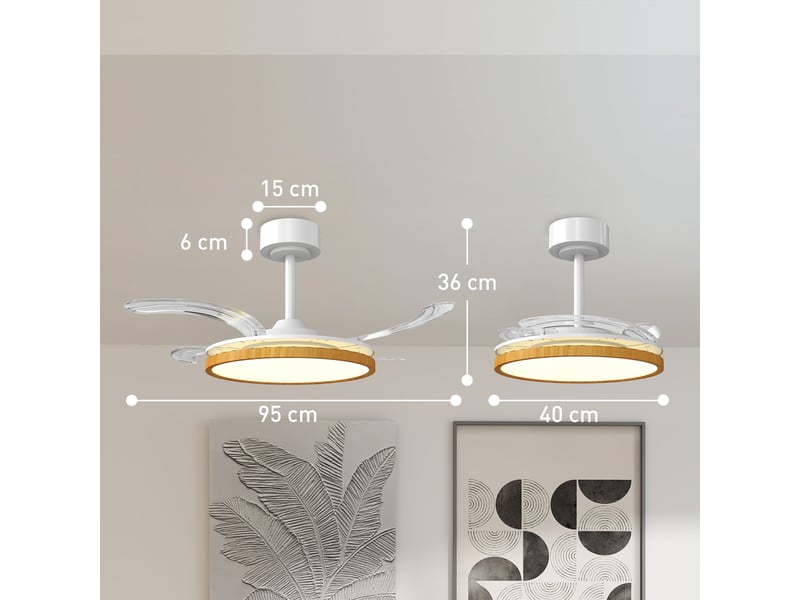  Ventilateur de plafond avec éclairage led, moteur cc 80 w, télécommande réversible, 6 vitesses, minuterie, ø 95 cm, couleur naturelle  - Conforama E