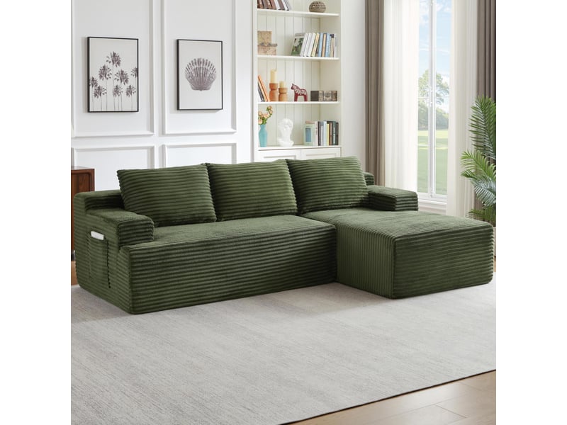  Canapé 4 places - 238x152x66cm - modulable sans montage avec méridienne droite et tissu velours côtelé - vert  - Conforama B