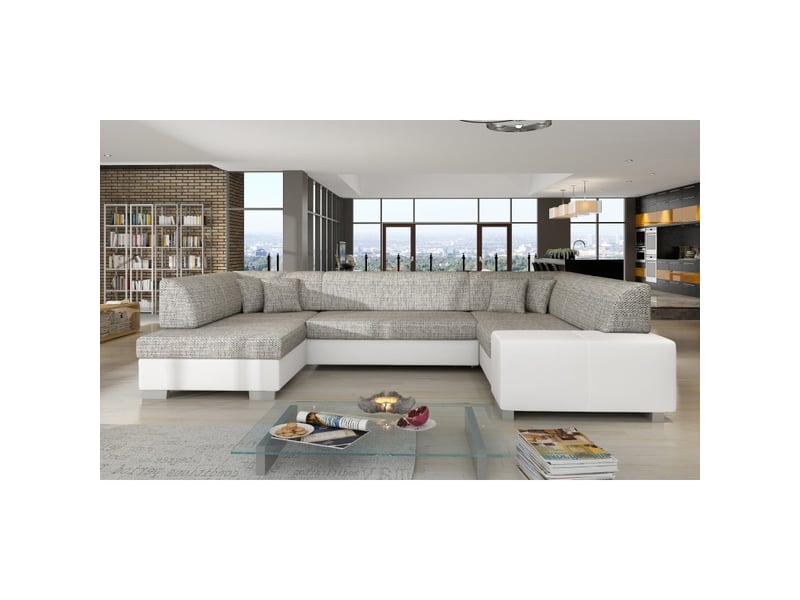  Canapé panoramique en u gris &amp; blanc convertible 6 places havane avec coffre à literie  - Conforama B