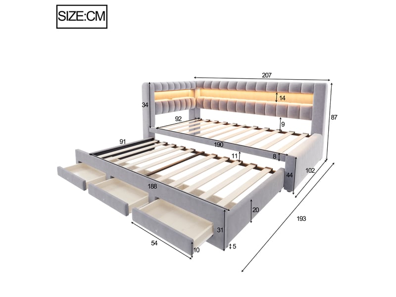  Canapé-lit 90 x 190 cm – avec lit gigogne – avec 3 tiroirs – avec éclairage led – avec port de charge usb – gris clair (matelas non inclus)  - Conforama C