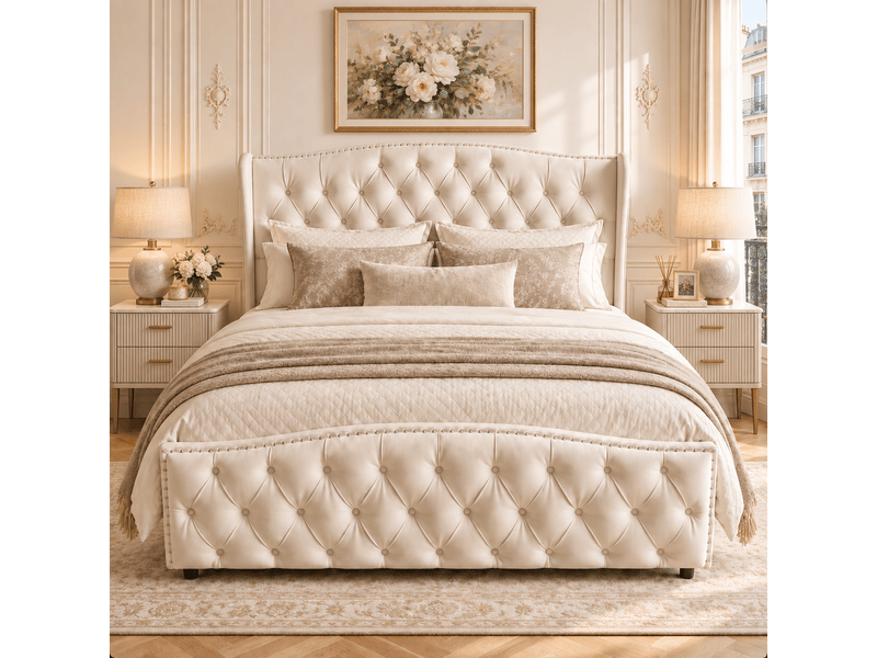 Lit 160 x 200 cm en velours, lit rembourré avec coffre de rangement hydraulique, lit double avec sommier à lattes et tete de lit capitonné, décor avec boutons,2 personnes, sommier à lattes, chambre adulteado, cadre de lit velour… - Conforama C