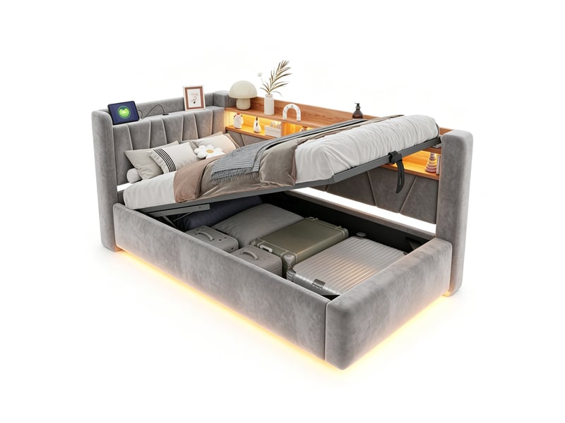  Lit banquette coffre 90 × 200 cm en velours gris, led et usb IKSETERA TRADING LTD - Conforama A