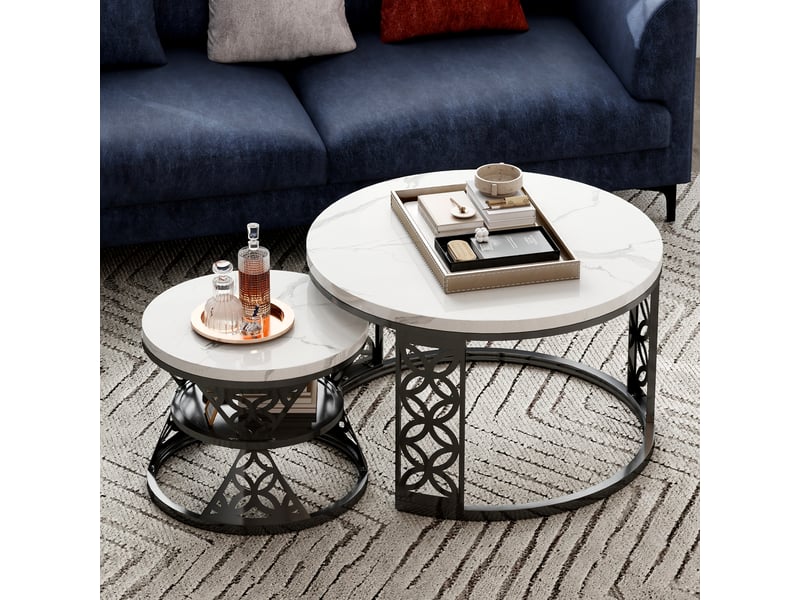  Table basse gigogne ronde 70x70x4545x45x37 cm, coloris blanc et noir  - Conforama D