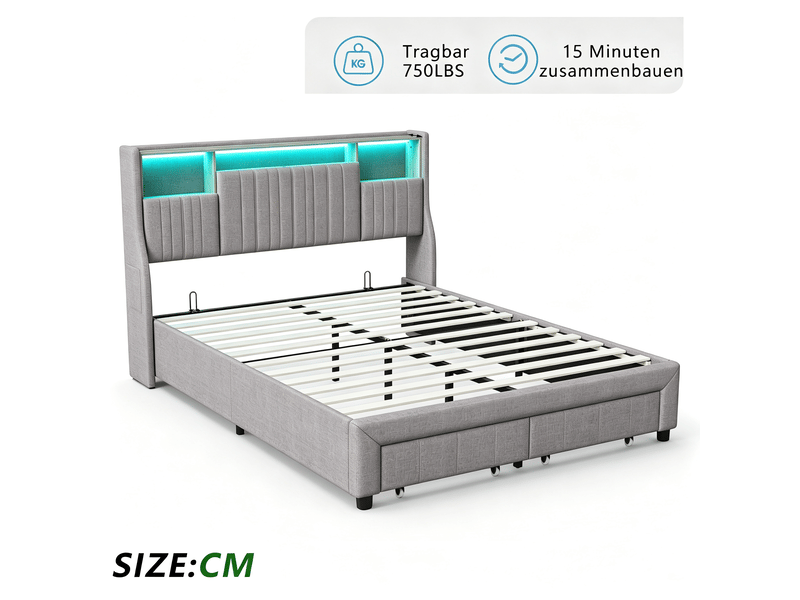  Lit 140x190 cm - 240813sm - led réglable - scandinave - lin - cadre de lit double 140x190 cm - gris  - Conforama R