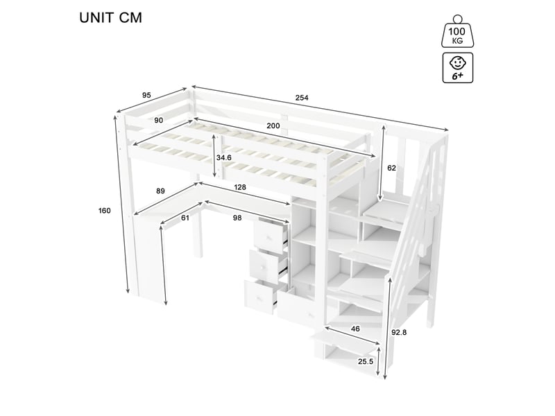  Lit mezzanine enfant 90x200 cm avec bureau, rangements et escalier, blanc  - Conforama C