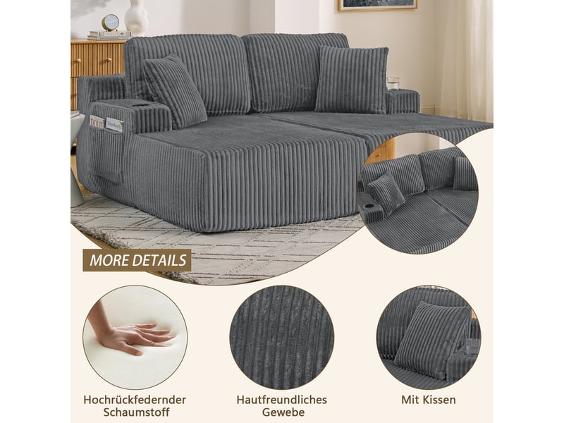  Canapé convertible, canapé-lit – porte-gobelets, 2 places, en velours tricoté, gris, poches latérales  - Conforama R