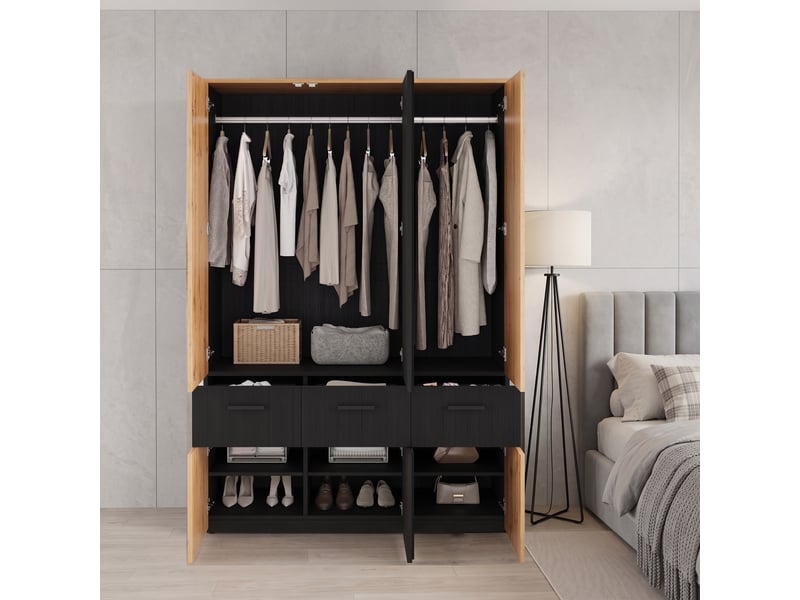 Armoire haute 90 x 50 x 200 cm, portes à effet lamelles, 2 tringles à vêtements, 3 tiroirs, 6 compartiments de rangement Bliss Lite - Conforama E