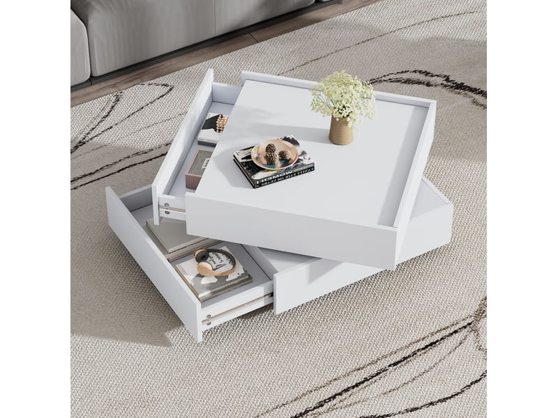  Table basse carrée pivotante à 360° avec 2 tiroirs, 60 x 60 x 38 cm, blanche  - Conforama C