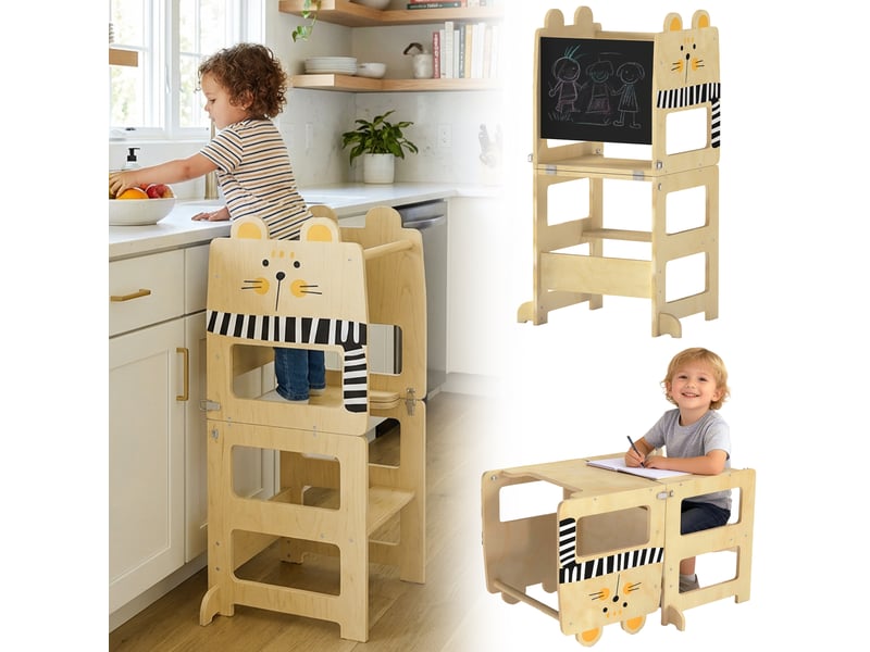  Tour d'apprentissage pliable 3 en 1 transformable en bureau et chaise, avec tableau noir et motif chat naturel  - Conforama A