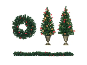 Décorations de noël, ensemble de 4 pièces comprenant 2 sapins de noël φ40x90 cm, une guirlande de noël et une couronne de noël