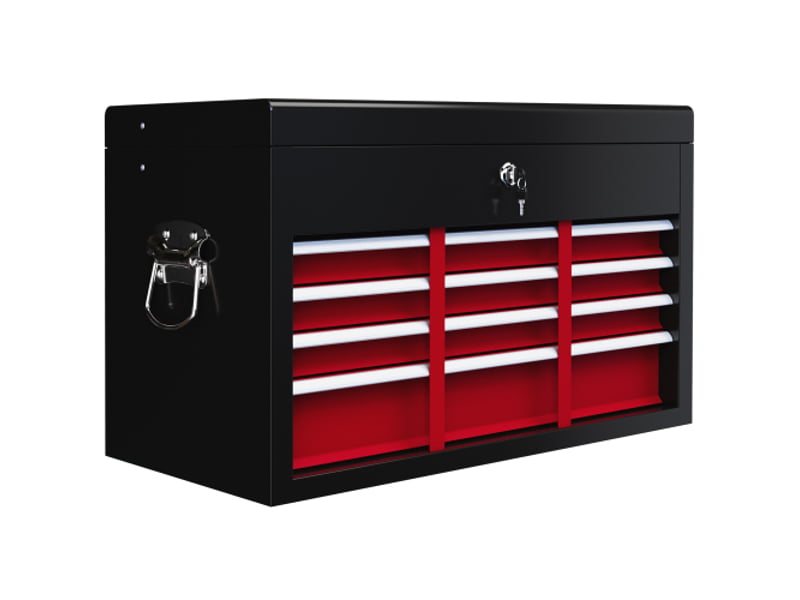  Caisse à outils en acier rouge et noir 60 × 26 × 34 cm, 6 tiroirs, serrure et poignée, rangement sécurisé  - Conforama A
