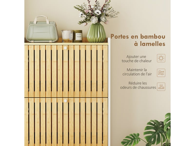  Meuble à chaussures 18 paires avec 3 tiroirs rabattables, portes en bambou à lattes, blanc et bois naturel, 60x24x118cm  - Conforama R