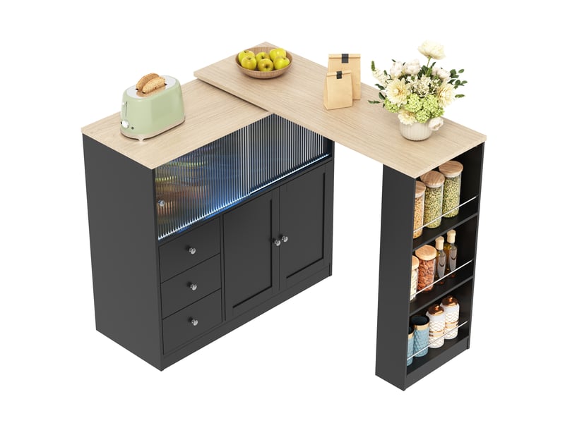 Îlot de cuisine 172x40x96 cm extensible avec rangement et led noir et bois naturel - Conforama A