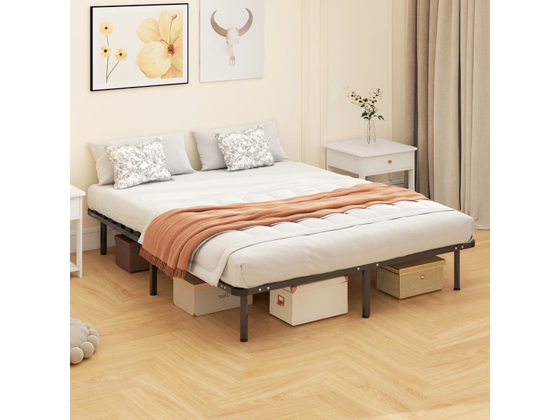  Cadre de lit 160 x 190 cm, lit 2 personnes en bois massif avec sommier à lattes et pied, noir, rangement au-dessous  - Conforama W