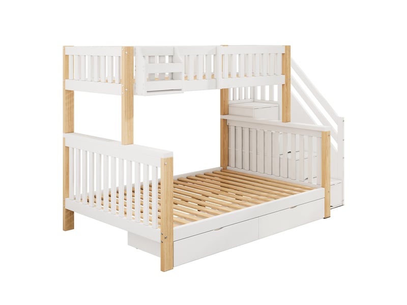  Lit enfant 140x200 cm, lit enfant multifonctionnel avec panier de rangement, tiroir, armoire escalier, armoire de rangement, sans matelas, blanc et naturel  - Conforama W