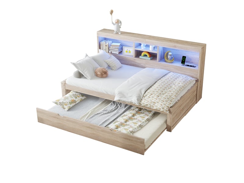 Lit banquette bois naturel 90x200cm avec lit gigogne 90x190cm, éclairage led et prises usb  - Conforama A