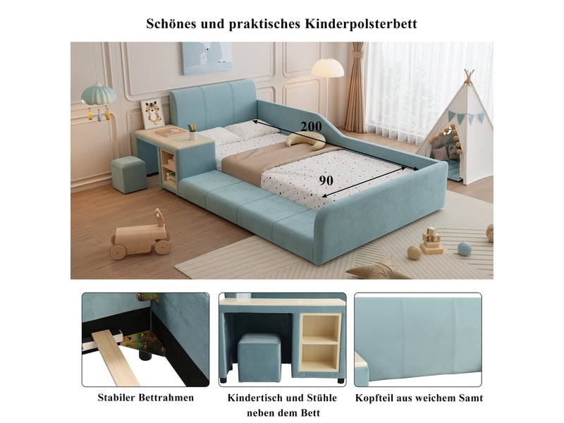 Lit enfant rembourré avec bureau, tabouret et tablette, bleu, 90 × 200 cm - Conforama D